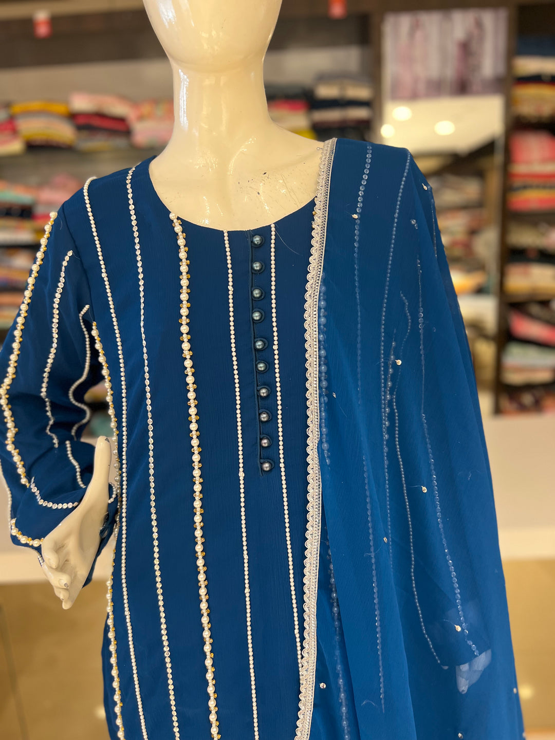 Navy Bule Pearls Work Chiffon Stitched Suit- 0275
