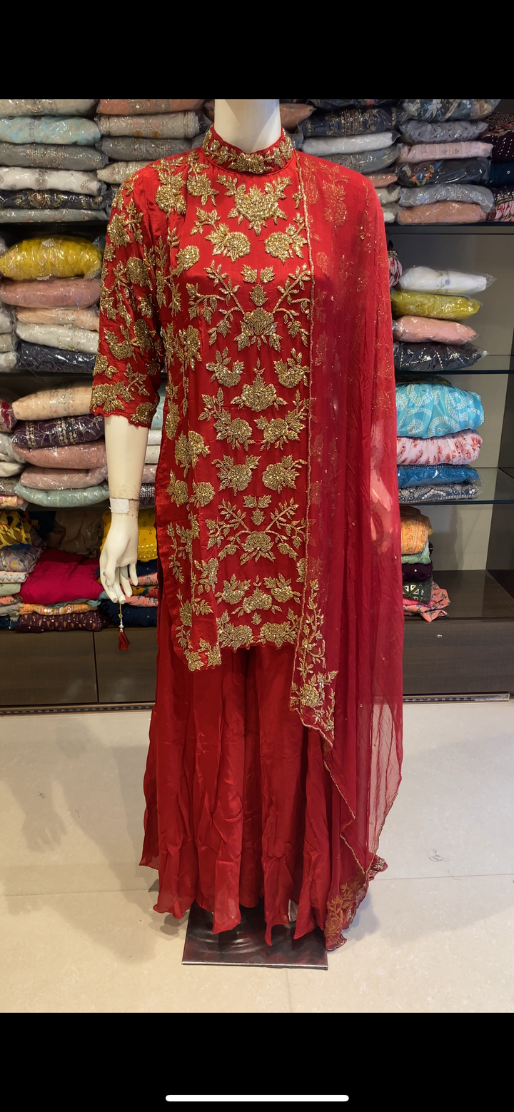 PAKISTANI BRIDAL ZARDOZI CHINNON SILK DRESS-HS01/RED