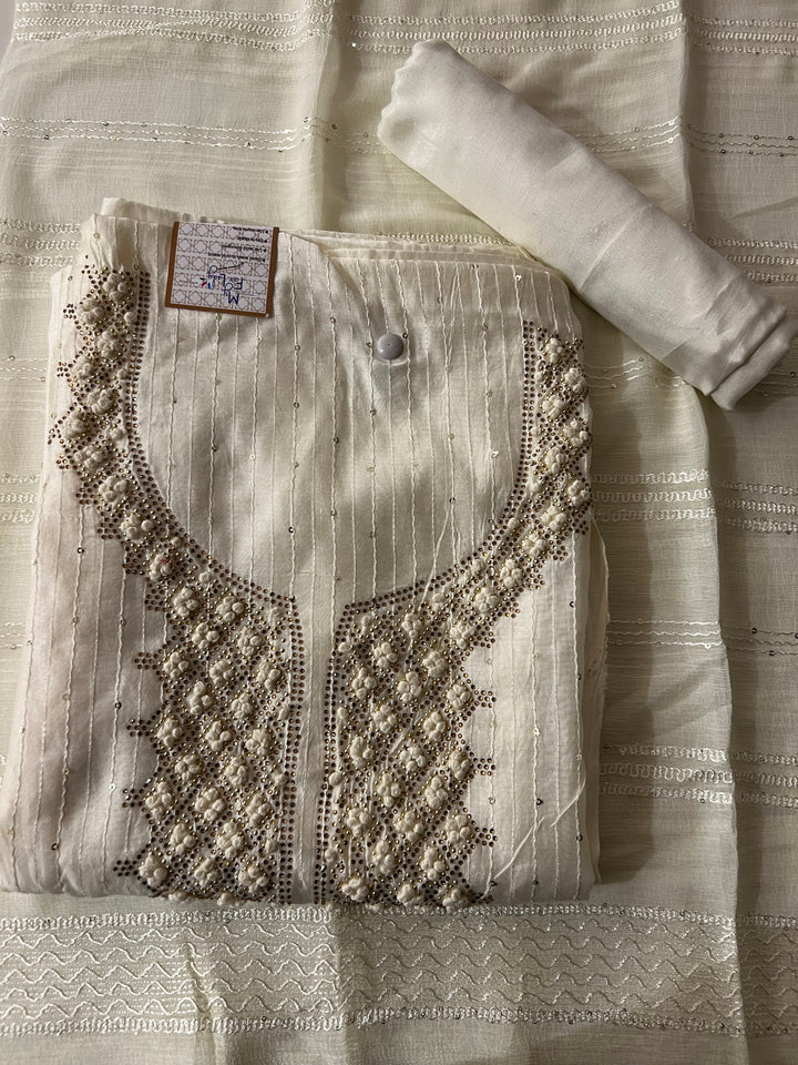 DESIGNER UNSTITCHED DRESS MATERIAL- H3/ OFF WHITE