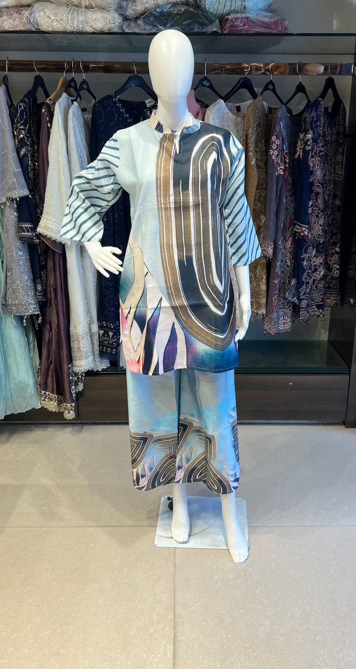 RAYON PLUS SIZE COORD SET-IKFK05/BLUE AND BLACK