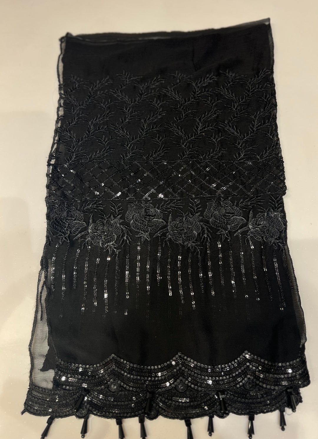 black Embroidered semi stitched chiffon suit