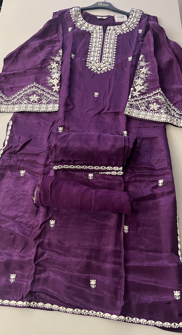 CHIKANKARI MUSLEEN SILK SUIT (PLUS SIZE)(PURPLE)- IKF18/