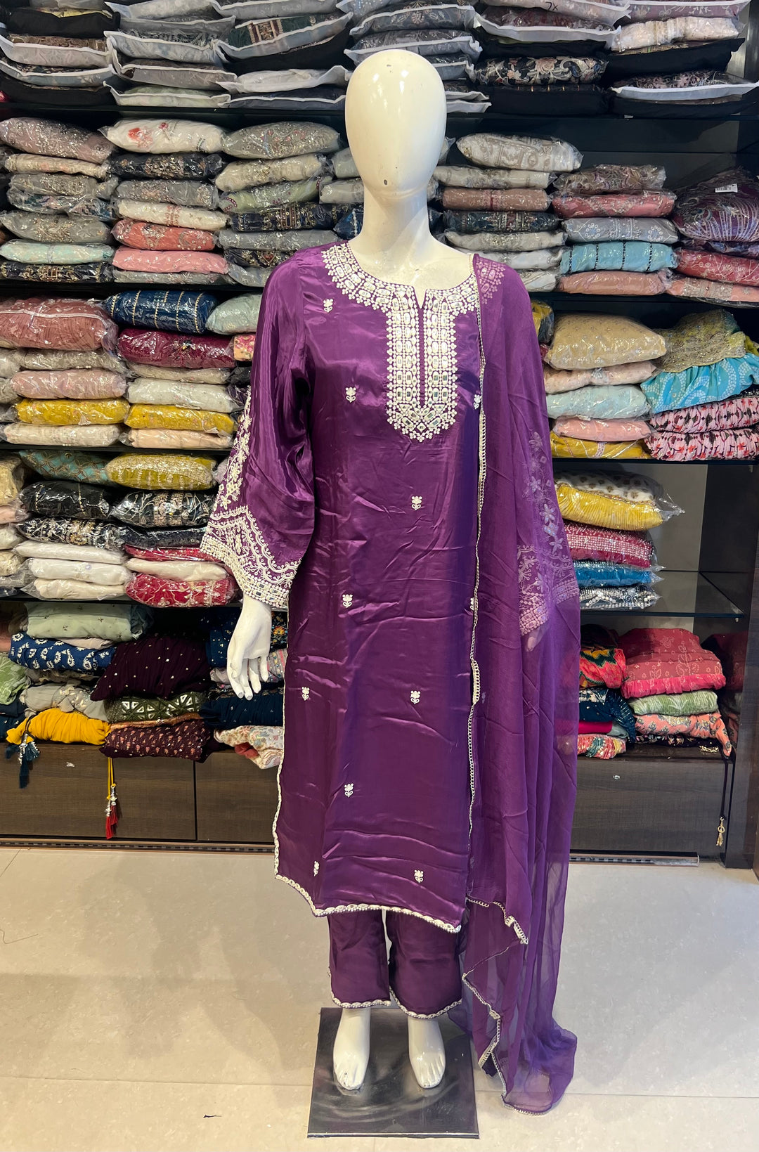 CHIKANKARI MUSLEEN SILK SUIT (PLUS SIZE)(PURPLE)- IKF18/