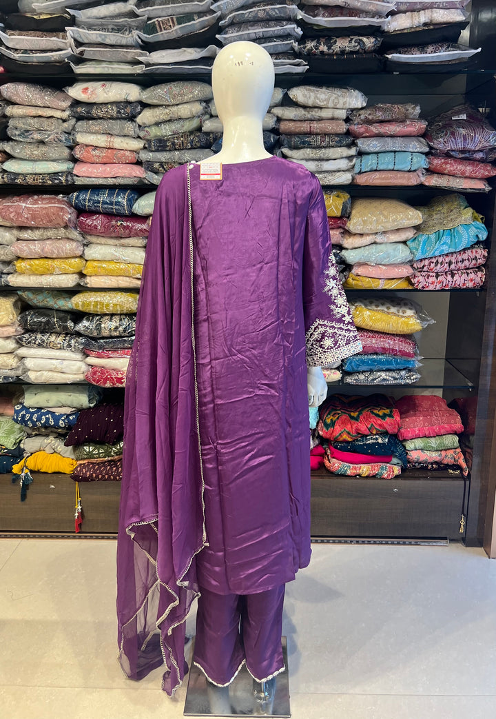 CHIKANKARI MUSLEEN SILK SUIT (PLUS SIZE)(PURPLE)- IKF18/