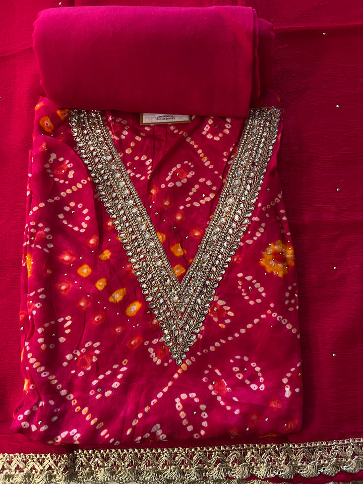 BANDHANI V NECK DESIGNER UNSTITCHED WORK DRESS MATERIAL - BRT16