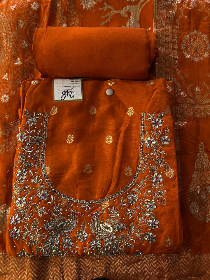 ORANGE BANARSI DESIGNER UNSTITCHED DRESS MATERIAL - BRT48