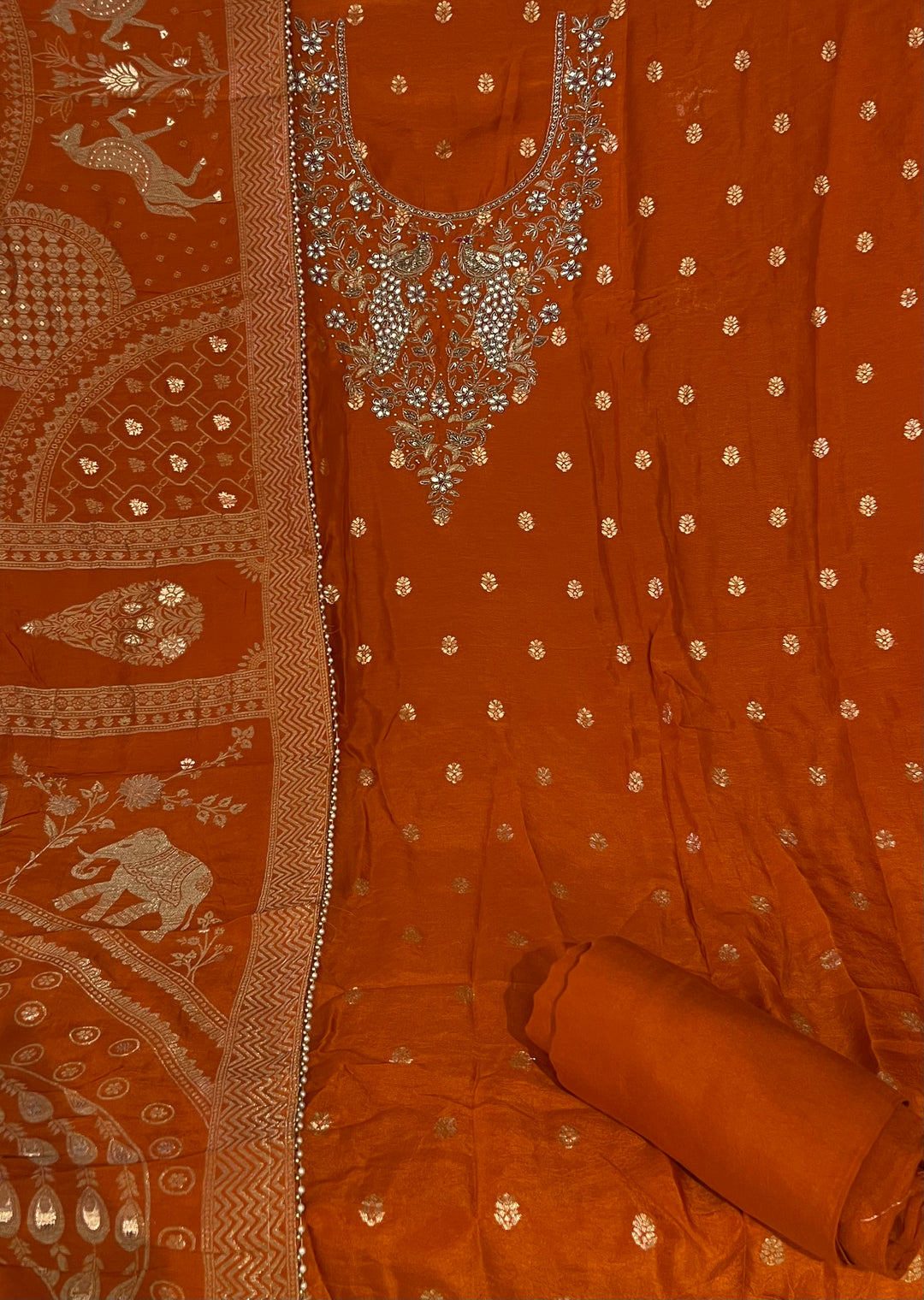 ORANGE BANARSI DESIGNER UNSTITCHED DRESS MATERIAL - BRT48