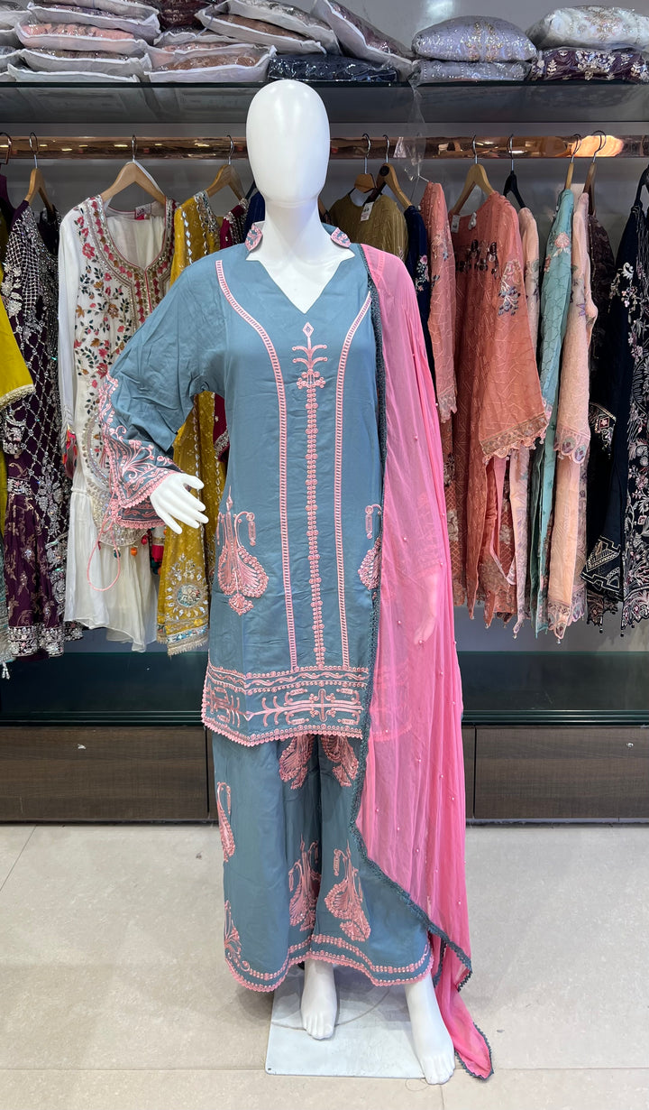 BLUE & PINK EMBROIDERED 3-PIECE SUIT - IKRW20