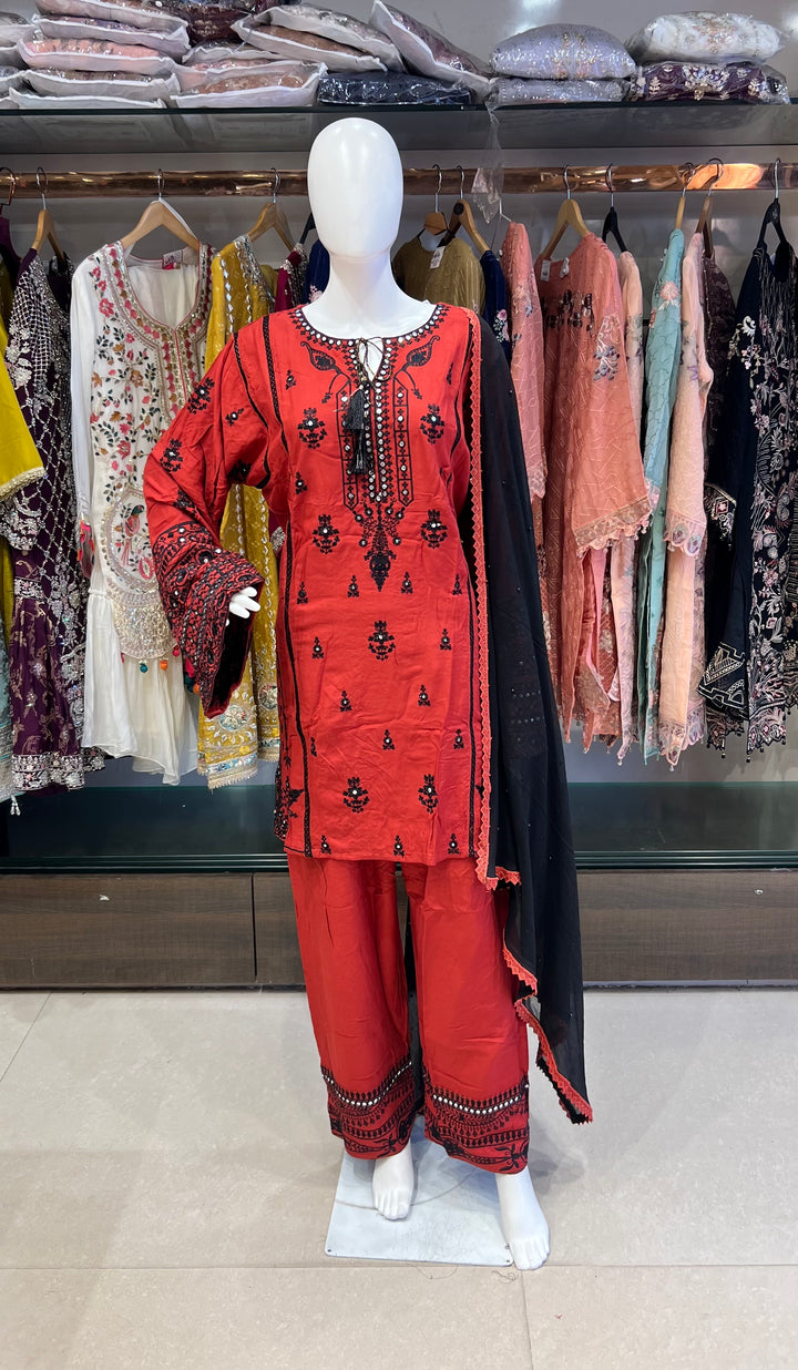 RED & BLACK EMBROIDERED 3-PIECE SUIT - IKRW14