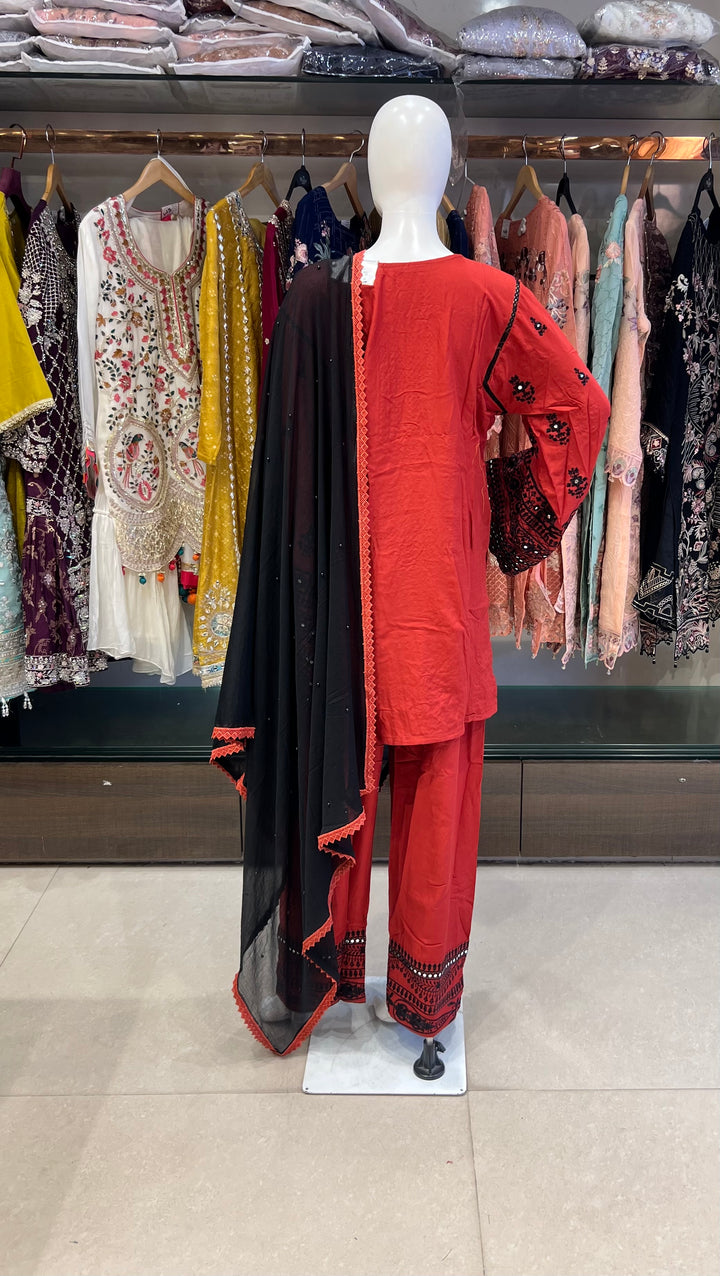 RED & BLACK EMBROIDERED 3-PIECE SUIT - IKRW14