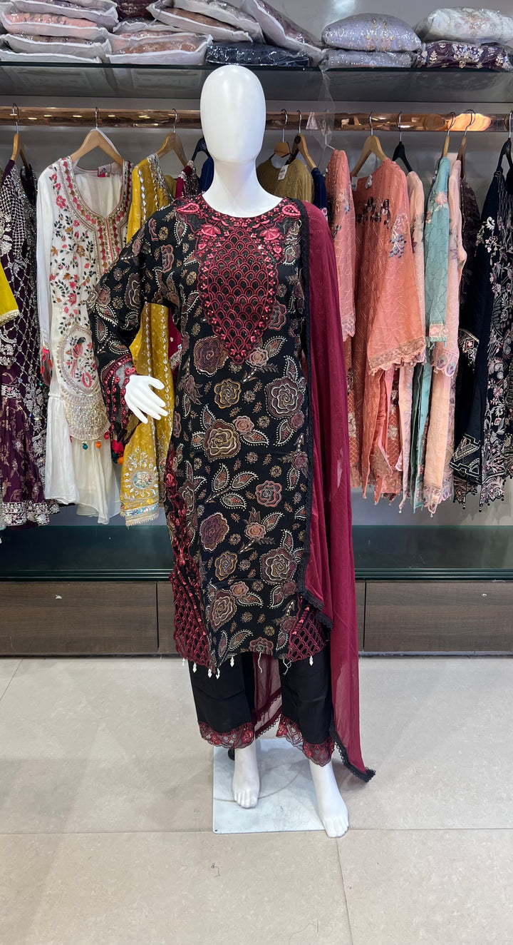 BLACK FLORAL EMBROIDERED FESTIVE WEAR 3-PIECE SUIT - IKRW16