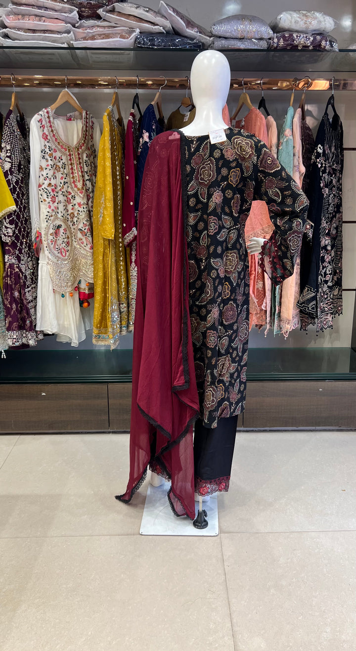 BLACK FLORAL EMBROIDERED FESTIVE WEAR 3-PIECE SUIT - IKRW16