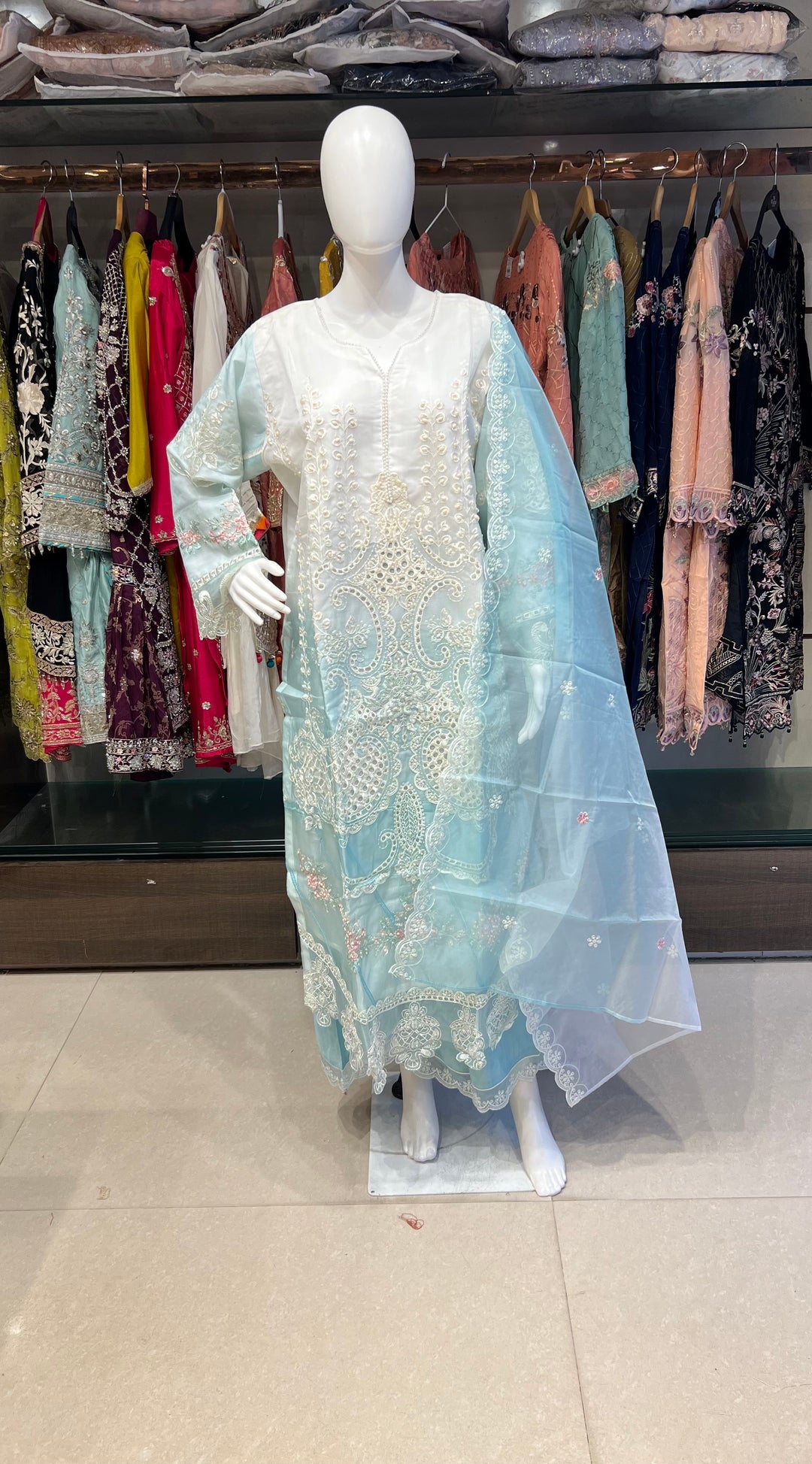 PAKISTANI ORGANZA DUPATTA WITH EMBROIDERY WORK SUIT - NMIK12