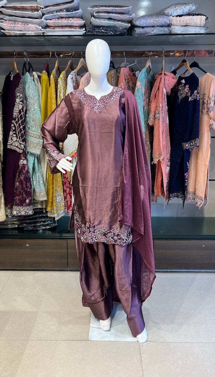 PLUM EMBELLISHED STRAIGHT CUT SALWAR SUIT - KASH11