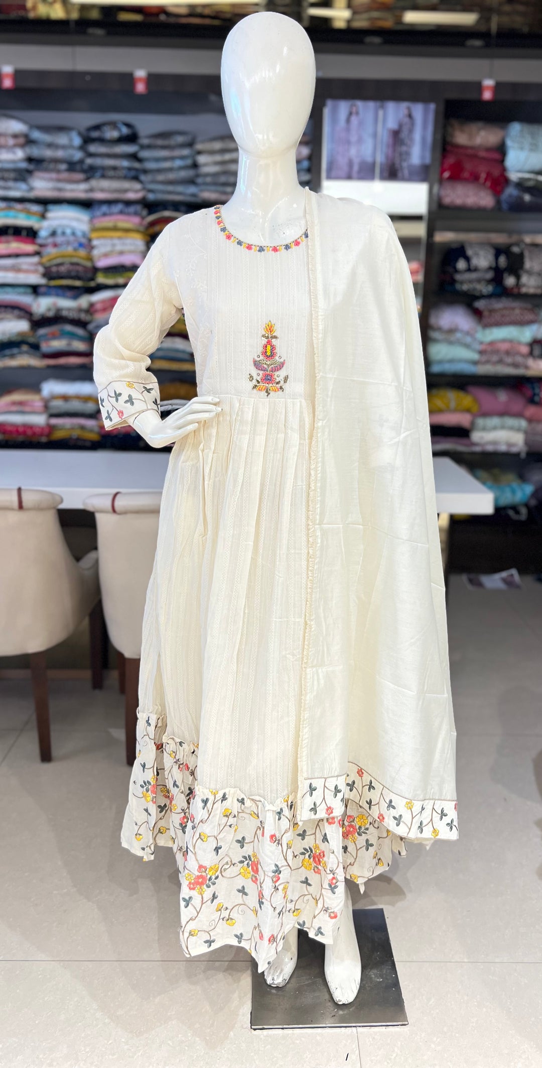 OFFWHITE EMB FROCK WITH DUPATTA-KT14