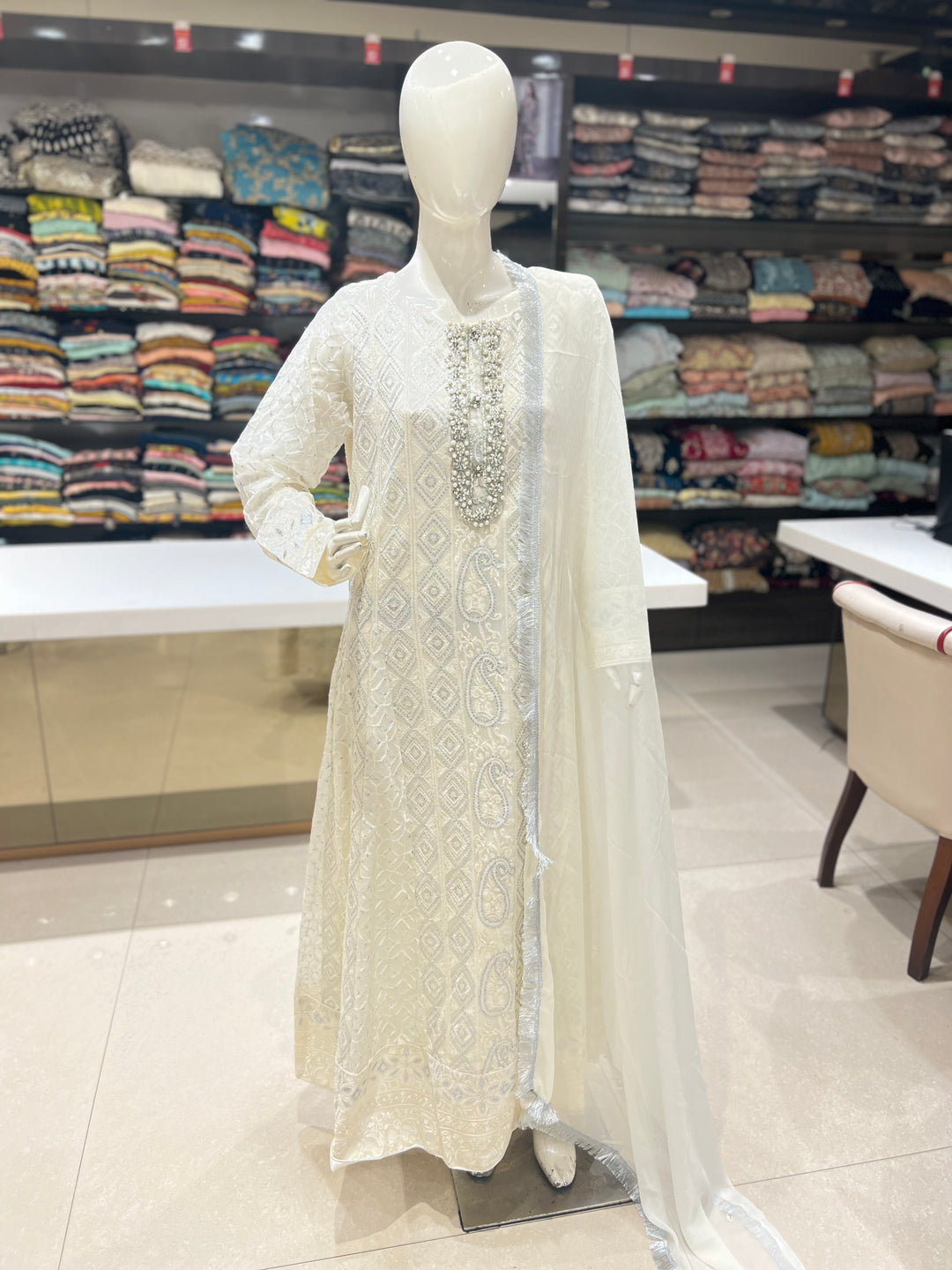 Chiffon off white Stitched Suit-0680