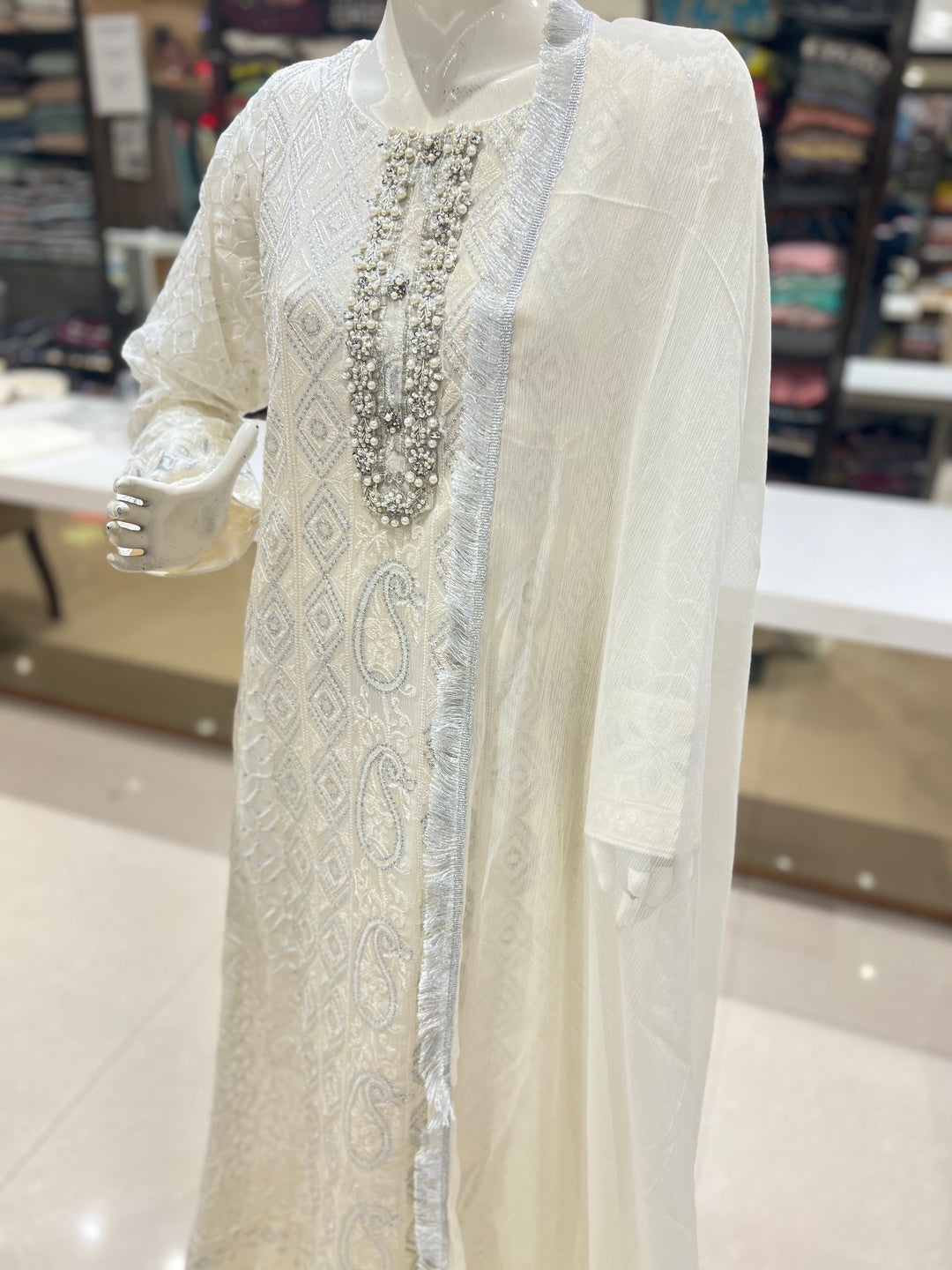 Chiffon off white Stitched Suit-0680