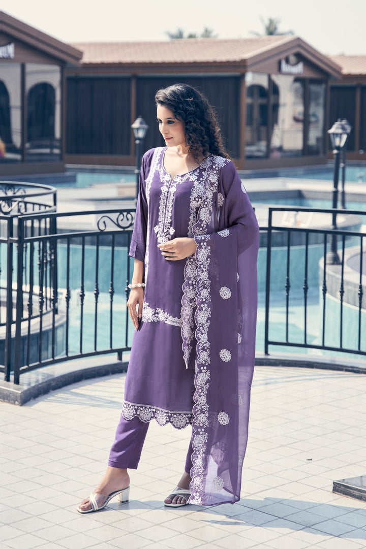 CRIMSON LAVENDER TRENDY  EMBROIDERED SET