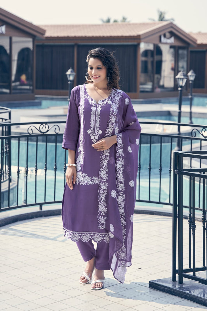 CRIMSON LAVENDER TRENDY  EMBROIDERED SET