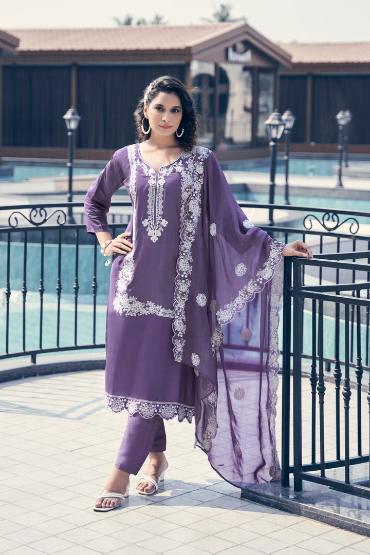 CRIMSON LAVENDER TRENDY  EMBROIDERED SET