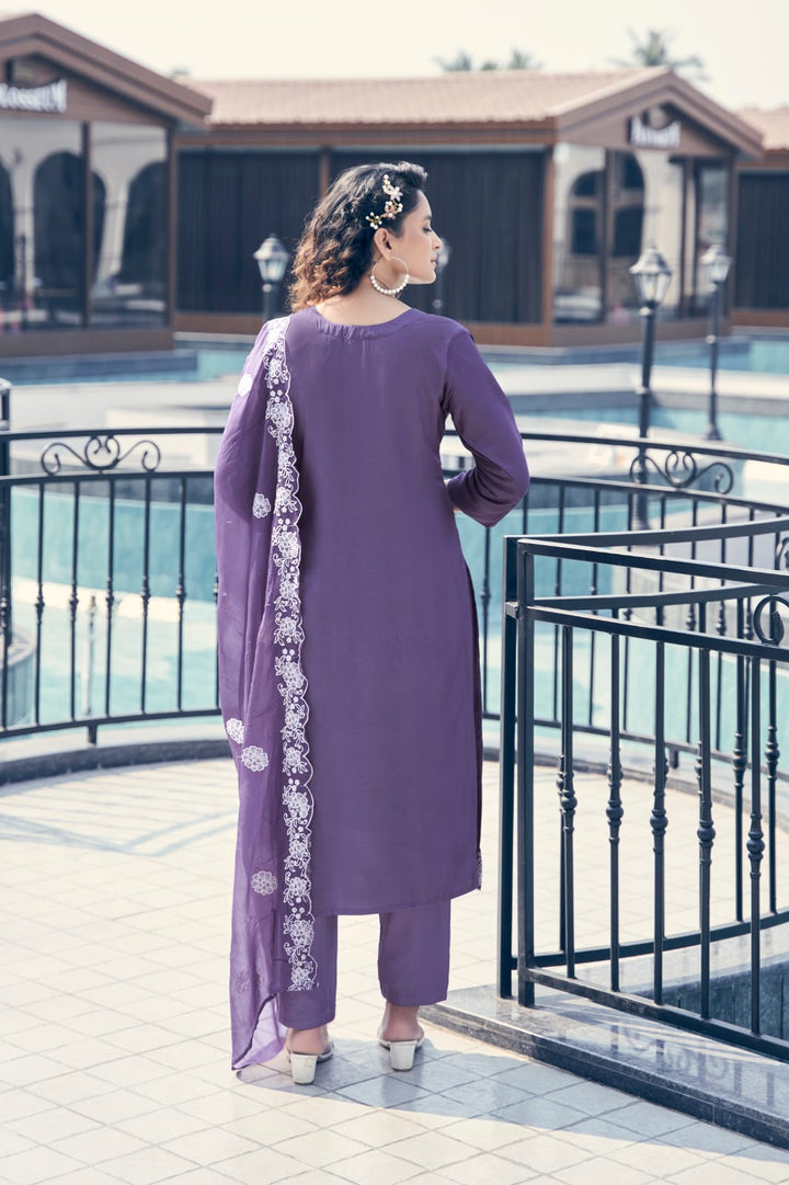 CRIMSON LAVENDER TRENDY  EMBROIDERED SET